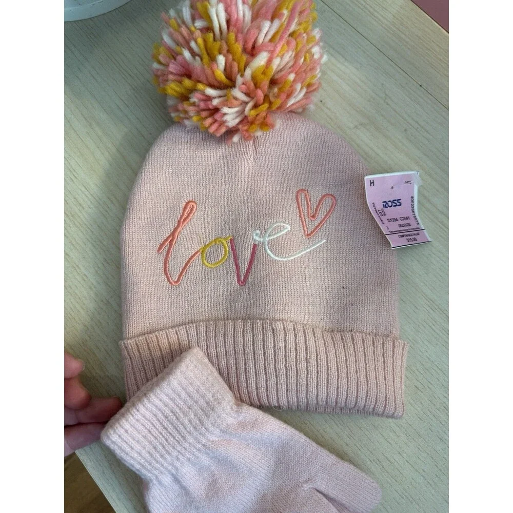 Toby & Me Girl LOVE Pink &Gold Beanie & Glove Set  Size 4-14 NWT